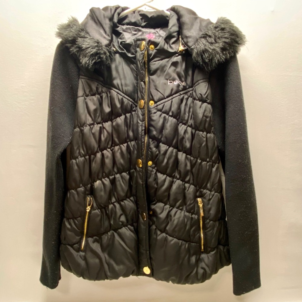 Bebe Quilted Hybrid Jacket Women's Med Black Knit Sleeve Faux Fur Hood Y2K READ